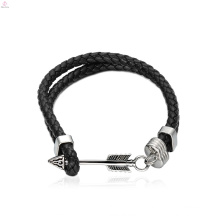 Stainless Men Braided Leather Wrap Arrow Bracelet